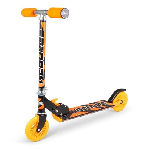 Image of Nebulus Foldable Kick Scooter for Kids | 2 Wheel Adjustable Height Scooter with PU Wheels, Rear Brake & Lightweight Alloy Frame | Outdoor Ride Toy for Boys & Girls (Orange & Black)