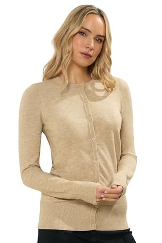 Image of Long Tall Sally - LTS Tall Neutral Brown Crew Neck Button Cardigan - Women's