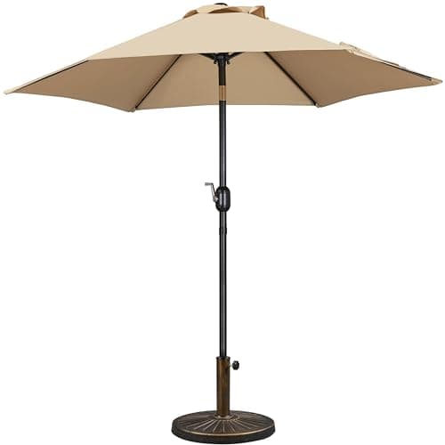 Image of Yaheetech 2.3m Garden Parasol Umbrella Patio Table Umbrella Outdoor Tilting Crank & Handle Parasol with 10kg Resin Base Stand - Tan