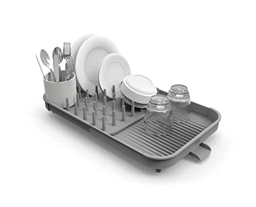 Image of Joseph Joseph Duo Expandable Dish Drying Rack, Kitchen Dish Plate Drainer with Utensil Pot and Draining Spout, Grey