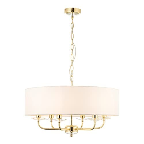 Image of National Lighting Kennedy Modern Brass Multi Arm 6 Way Pendant Ceiling Light with Crystal Detail and White Fabric Shade
