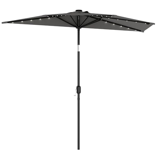 Image of Outsunny 2.6 m Half Garden Parasol with Solar LED Lights, UPF50+ Semi Round Umbrella with 30° Tilt, Crank Handle, Metal Frame for Balcony, Dark Grey