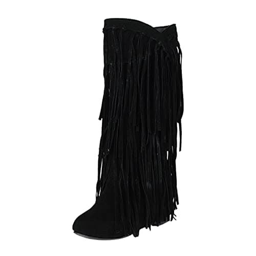 Image of women suede boots Boots for Women UK Plus Size Comfortable Waterproof Fringe Booties Inside Booster Mid Length Shoes Autumn And Winter Fashion Pull On Calf cowgirl Booties