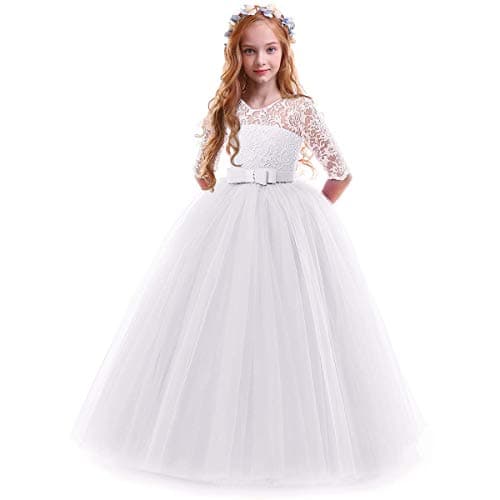 Image of IWEMEK Flower Girls 3/4 Sleeve Floral Lace Tulle First Communion Pageant Dresses Kids Big Girls Princess Birthday Carnival Christmas Bridesmaid Wedding Party Prom Ball Gown White 11-12 Years