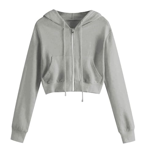 Image of OVARA Zip Up Cropped Hoodie for Women Long Sleeve Crop Sports Jacket with Pocket Drawstring Hooded Sweatshirts Plus Size Solid Color Zipped Hoody Tops