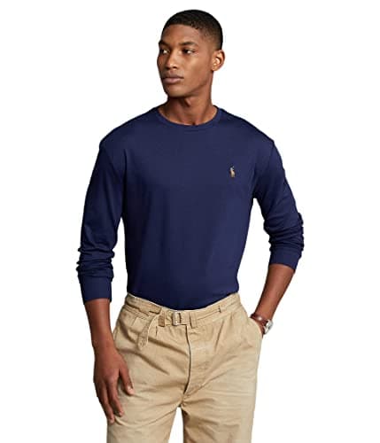 Image of Polo Ralph Lauren Men's Crew Neck Long Sleeve Tee, Navy With Signature Multi-colored Pony, XXL