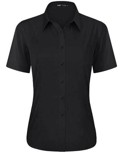 Image of J.VER Black Shirts for Women Fitted Stretch Short Sleeve Summer Business Casual Button Down Shirt Formal Dress Work Ladies Tops Blouses M