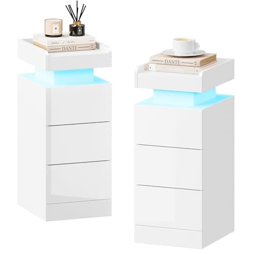 Image of Dripex Bedside Table Set of 2 with Adjustable LED Lights & 3 Drawers - Slim High-Gloss Side Table, Space-Saving Bedside Cabinet for Small Space, Bedroom, Living Room, Office and Study (White)