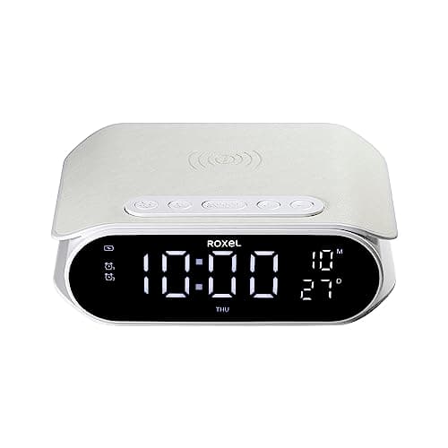 Image of Roxel RAC-10 Bedside Alarm Clock With Super Fast Wireless Charging (5W/10W/15W), For iPhone & Samsung, USB Charger, Mood Lighting Night Lamp function Dimmable LED Display (White)