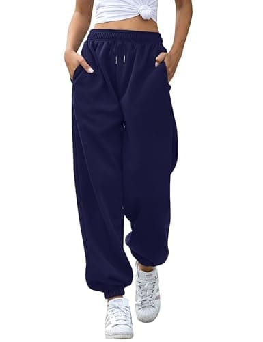 Image of Womens Sweatpants Wide Leg Cuffed Jogging Trousers with Drawstring Workout Elastic Waist Tracksuit Bottoms Navy Blue
