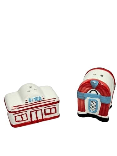 Image of Red & White Diner & Jukebox Mini Ceramic Salt & Pepper Shaker Set, 2 x 1.5 x 1 Inches