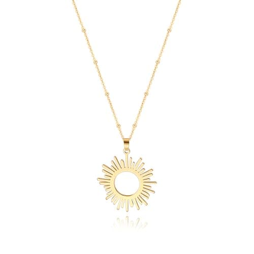 Image of Aobei Pearl 18k Gold Plated Flat High Polish Sun Hoop Pendant Beads Station Necklace Flake Gold Sunshine Pendant Satellite Chain Necklace for Women