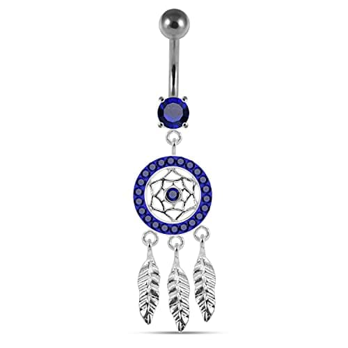 Image of AZARIO London Dark Blue Multi Crystal Stone Mini Dream Catcher 925 Sterling Silver Belly Bar Piercing Jewellery