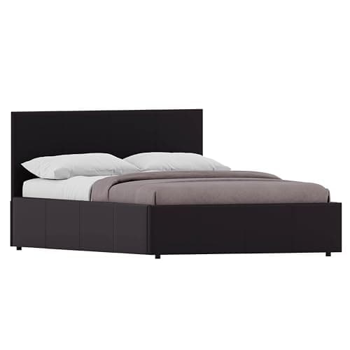 Image of Vida Designs Lisbon Double Bed, 4Ft6 Ottoman Bed Frame Upholstered Faux Leather Headboard Low Foot End Bedroom Furniture, Brown (UKFR Certified)