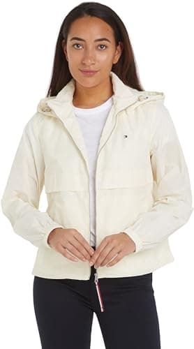 Image of Tommy Hilfiger Women's Transitional Hooded Windbreaker Ww0ww41790 Windbreakers, Beige (Calico), L