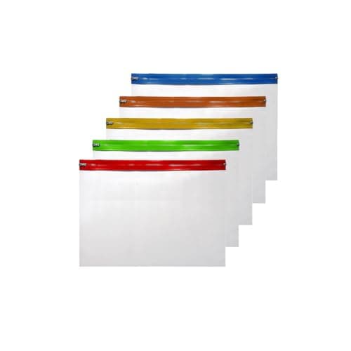 Image of AIBULO Pack of 5 A3 Size Zipper File Folders – Transparent Plastic Pouches with Brightly Coloured Zips – Large A3 Document Wallets for Filing, Art Portfolios, Office, School & Home Organisation