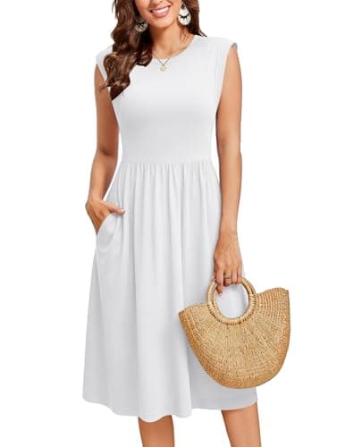 Image of Zeagoo Women Dresses Summer Midi Dress Round Neck Sleeveless Tunic Dress Casual A-Line Dresses with Pockets White L