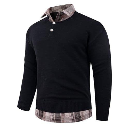 Image of ZDSUHYIW Men's Shirt Pullover 2 in 1 Long Sleeve Knitted Pullover with V-Neck Slim Fit Simple Casual Cardigan Sweatshirt Winter Pullover with Shirt Collar Mock, 01 black, L