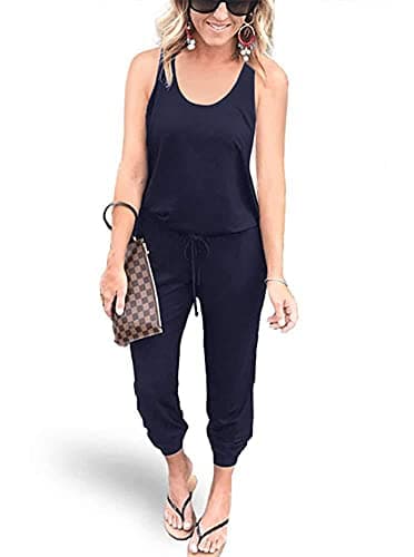 Image of REORIA Women Summer Casual Sleeveless Jersey Jumpsuits Elastic Waist Loose Jumpsuit Rompers with Pockets Navy Blue Large