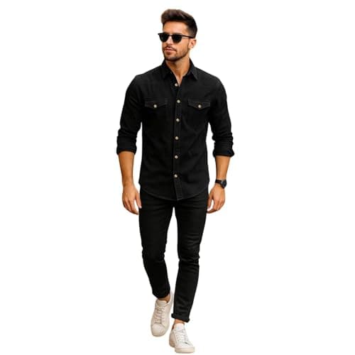 Image of True Face Mens Denim Shirt 100% Cotton Multi Pocket Long Sleeve Casual Collared Button Down Washed Effect Shirts Top Black 2XL