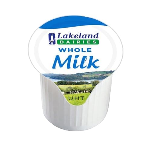 Image of Lakeland UHT Whole Full Fat Milk Pot 12ml Pack of 100 Long Shelf Life Catering Hospitality Office Disposable Dairy Drink Mix Sachets with Welari Thank You Card | (100pack) (1200ml)