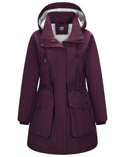 Image of Outdoor Ventures Women's Waterproof Coat with Hood Long Winter Windproof Parka Jacket Ladies Thicken Warm Windbreaker Outdoors Raincoat for Hiking Traveling Walking Wine L