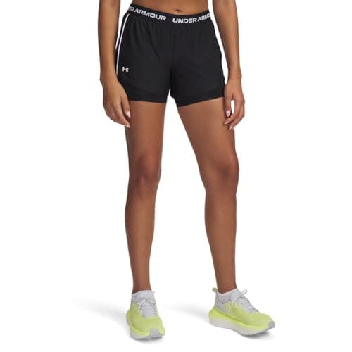 Image of Under Armour Women's Tech Play Up 2in1 Shorts, Comfortable Dual Loose-Fit Compression Shorts for Women, Gym Shorts with Pockets Black/Black/White