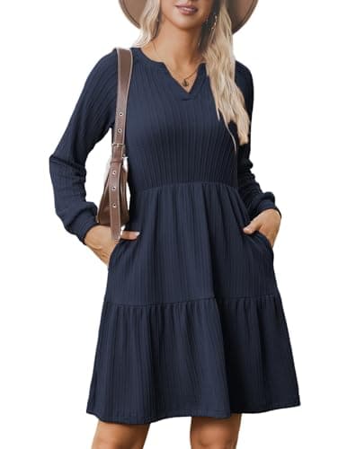 Image of Zeagoo Autumn Dresses for Women UK 2025 Long Sleeve V Neck Textured Casual Lightweight Tiered Ruffle A-Line Mini Babydoll Dress Navy Blue M
