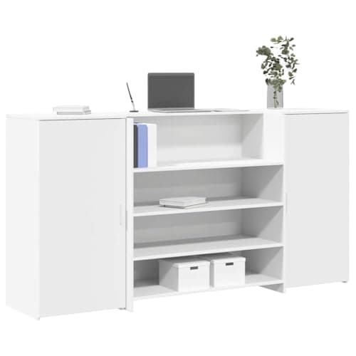Image of SooIarix Reception Counter White Wood Material 200 x 50 x 103.5 cm with Storage Space and Storage Cabinet, Versatile PC Table for Study and Gaming, Sturdy Computer Desk for Office and Dining Table Use