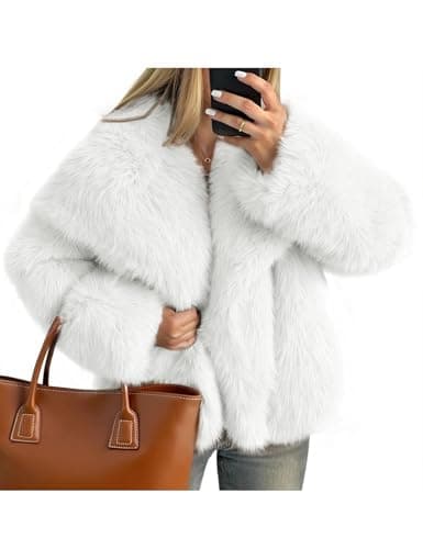 Image of Kissonic Women Faux Fur Coat Long Sleeve Lapel Open Front Shaggy Furry Jacket Warm Fluffy Short Outwear, White, S