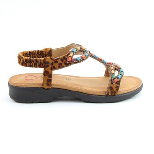 Image of Heavenly Feet Radiant Beaded T-Strap Sandals with Elastic Ankle Strap Cushioned Footbed Low Wedge (Leopard, UK Footwear Size System, Adult, Women, Numeric, Medium, 7)