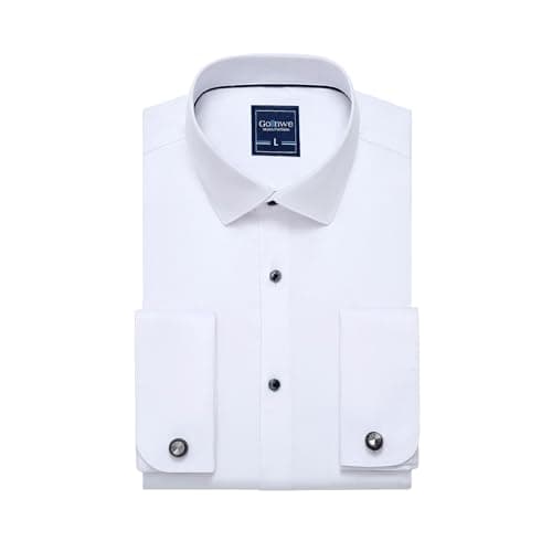 Image of Gollnwe Men's French Cuff Dress Shirt Slim Fit Stretch Solid Long Sleeve Shirts Bussiness Formal White XS