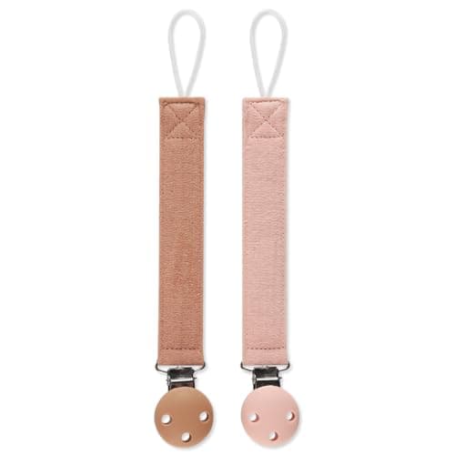 Image of meanus Dummy Chain, Cotton Strap and Silicone Clip for Girls and Boys, Baby Dummy Chain Clip, Gift for Baby, BPA-Free, Pack of 2 (Caramel + Dark Pink)