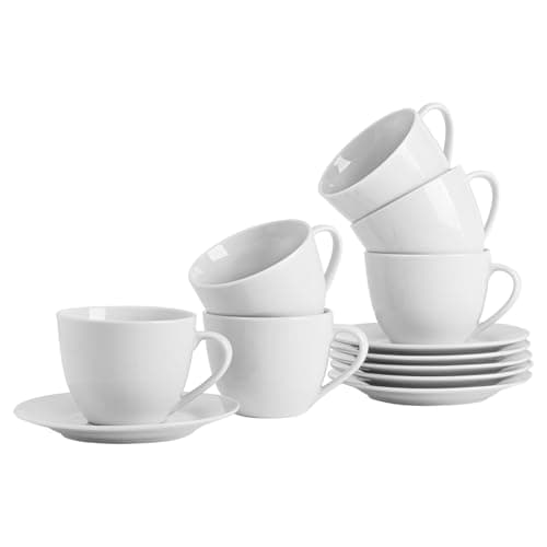 Image of Argon Tableware Porcelain Cappuccino Cup and Saucer Set - 12 Piece White Coffee Set with 6 Cups 320ml and 6 Saucers - Durable Chip-Resistant Premium Café Mugs for Latte, Flat White, Hot Chocolate