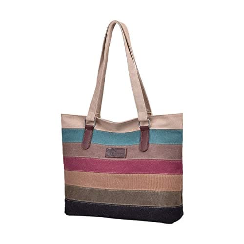 Image of CHEREEKI Tote Bag, Striped Canvas Womens Handbag for School Work Shopping and Travel (Multicolor)