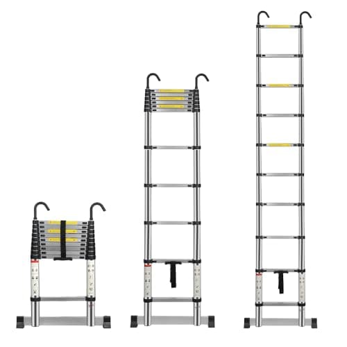 Image of Multibao Telescopic Ladder 2.9M 9.5FT Aluminium Extension Loft Ladder with Stabilizer Bar and Detachable Hooks, Multi Purpose Extendable Portable Folding Ladders, EN131 (2.9M/9.5FT)