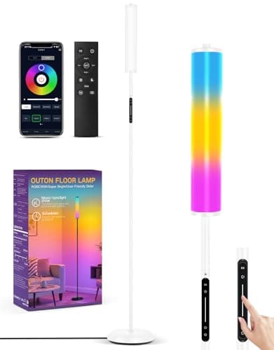 Image of OUTON RGB Corner Floor Lamp, 1500LM LED Lamp with Touch & APP & Remote Control, 32 Scene Modes & Music Sync, Dimmable Ultra Bright Standing Lamp for Living Room, Bedroom, Gaming Room, White