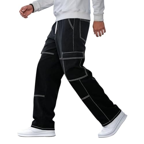 Image of Harajuku Men's Casual Hip Hop Cargo Trousers with White Stitching High Waist, Multi-Pockets Baggy Y2K Fashion Long Jeans Gym Motorcycle Basketball Japanese Streetwear Pants, Black, XL