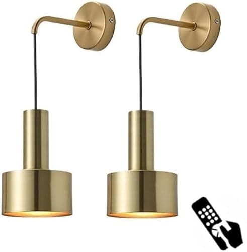 Image of SILULCM Wall Sconces Set of 2, Modern No Wire Wall Lamp with Remote and led Light Bulb, Dimmable Adjustable Copper Lighting Fixture for Indoor Bedroom Bedside Decor/Living Room/Hallway…