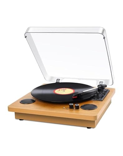 Image of Record Player, Bluetooth Portable Vinyl Turntable Digital Encoder Built-in Stereo Speaker and Belt Drive,Aux-In,RCA Output,3 speed 33/45/78 RPM - Natural Wood