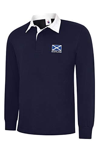 Image of Uneek clothing Scotland Flag Long Sleeve Rugby Shirts. 6 Nations Rugby (XL (44-46)) Navy Blue