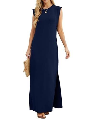 Image of GRECERELLE Womens Summer Maxi Dress Casual Shirt Dresses Elegant Styles Basic Sleeveless Maxi Dresses for Women UK with Split and Pockets (Navy Blue, XXL)