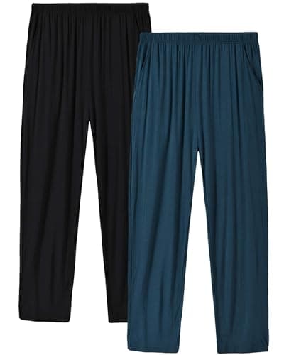 Image of MoFiz Mens Pyjamas Lounge Bottoms Pants Plain Modal Cosy Loungewear Pyjama Trousers 2-Pack (Black, Blue) Size 2XL