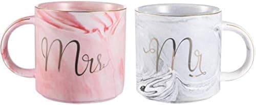 Image of Set of 2 Mr and Mrs Couples Coffee Mugs, Ceramic Marble Coffee Cups Set - Bridal Shower Engagement Wedding Anniversary Valentines Gifts for Couples, Pink and Gray