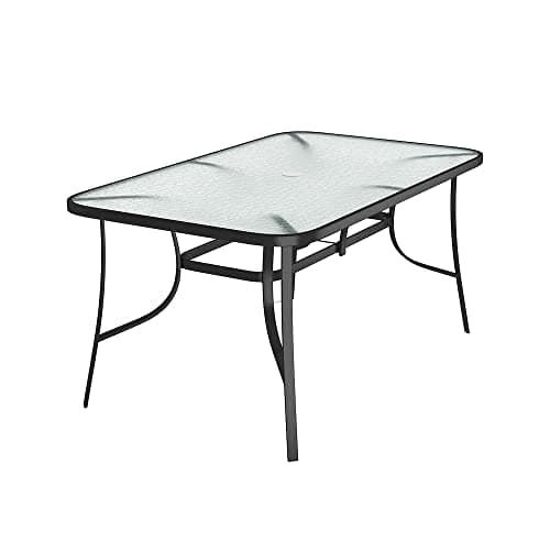 Image of DKIEI 150x90cm Rectangle Outdoor Dining Table, Glass Top Garden Table with Umbrella Hole, Patio Table with Steel Frame for Yard Bistro Lawn Balcony, Black