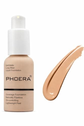 Image of PHOERA Full Coverage Liquid Foundation Makeup – Long Lasting Matte Finish, Oil Control, Waterproof, Buildable Coverage for All Skin Types (BUFF BEIGE)