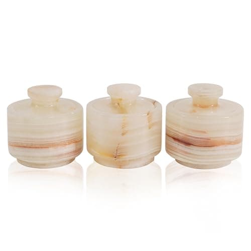 Image of EARTHENTONES Marble Salt Cellar Set of 3, Kitchen Counter White Onyx Marble Salt Container & Sugar Bowl, Elegant Containers for Countertop or Table, Salt & Pepper Bowls for Seasoning