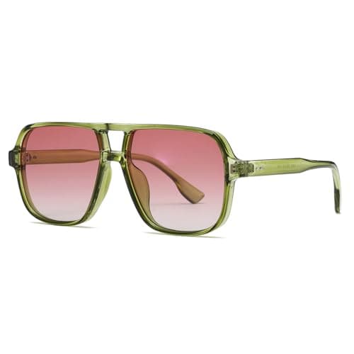 Image of Long Keeper Retro Square Pilot Sunglasses for Women Men Oversize Retro Aviation Square Sunglasses Double Bridge Sun Glasses Vintage Shades UV400 (Green Frame - Gradient Pink Lens)