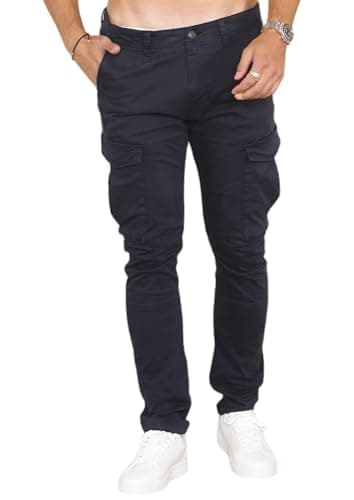 Image of Soroor Cargo Trousers for Men UK, Slim Fit Tapered Cargo Pants Mens, Combat Trousers for Men UK for Work & Utility, Mens Cargos | Navy - 30L 32W | Sateen Stretch Cotton Cargos
