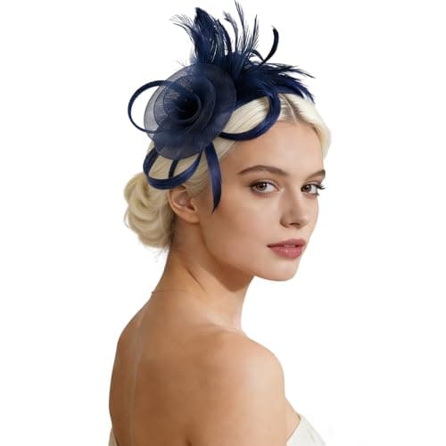 Image of Fascinator for Women – Floral Mesh Wedding Guest & Tea Party Headpiece, Detachable Feather Hair Clip & Headband, Gift Ready Women's Accessor (Navy blue)